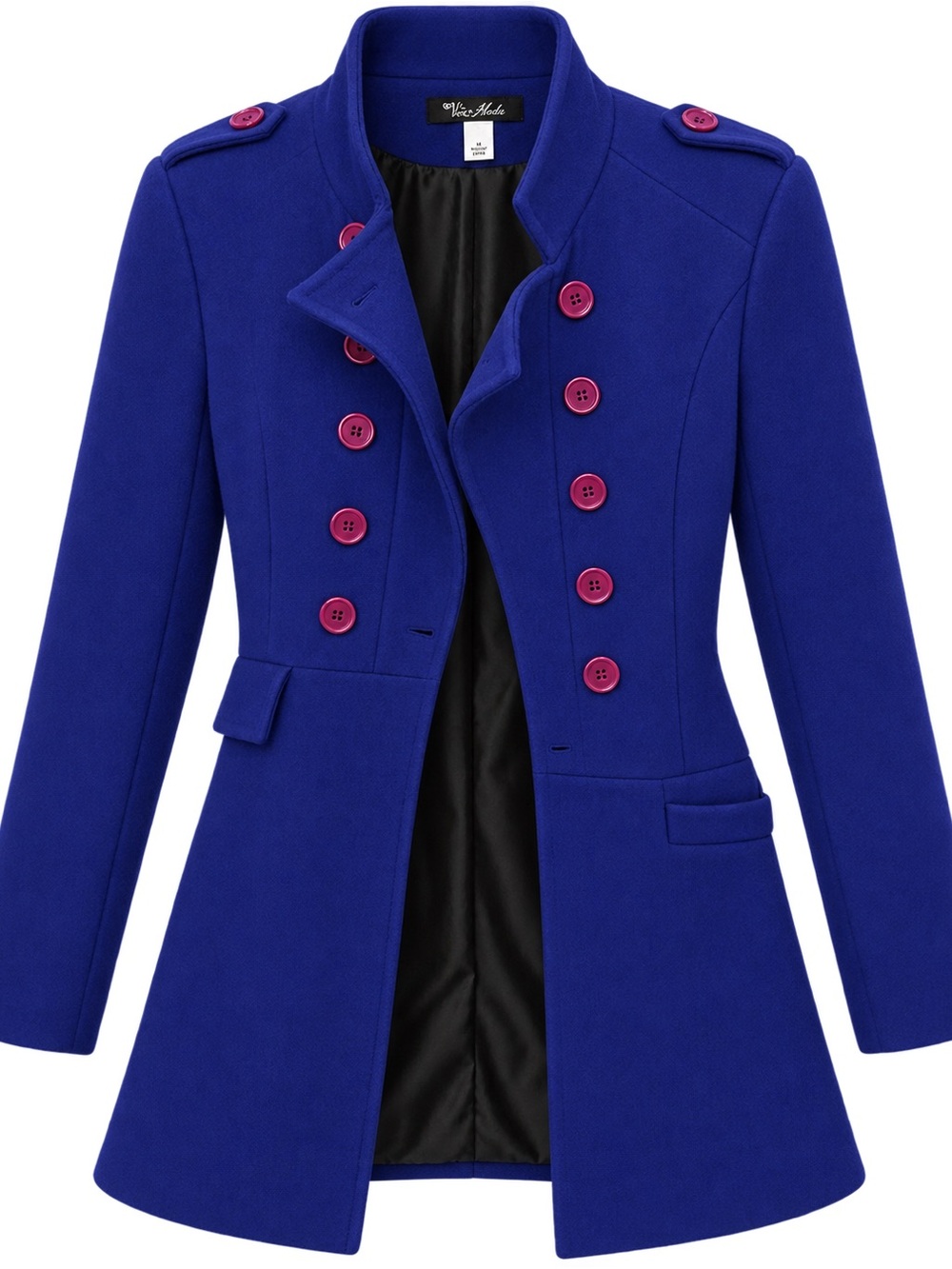 Womens Double-Breasted Navy Blue Wool Coat with Purple Buttons